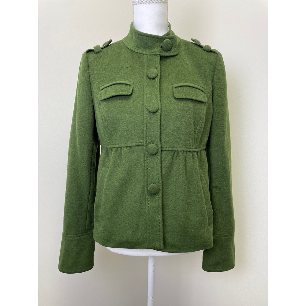 Y2K Ann Taylor Green Wool Rabbit Hair Military Jacket 6 Mock Neck Epaulets